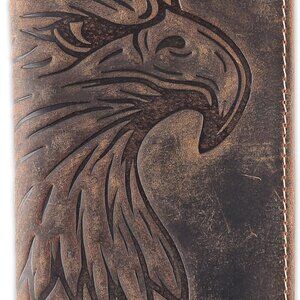 Men's Genuine Leather RFID Wallet  Long Checkbook Style with Embossed Eagle